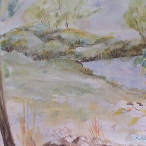 Vintage original waterfront watercolor painting 9"x12, signed